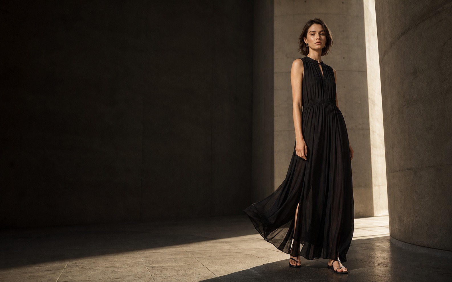 Woman wearing a flowing black dress in a modern interior