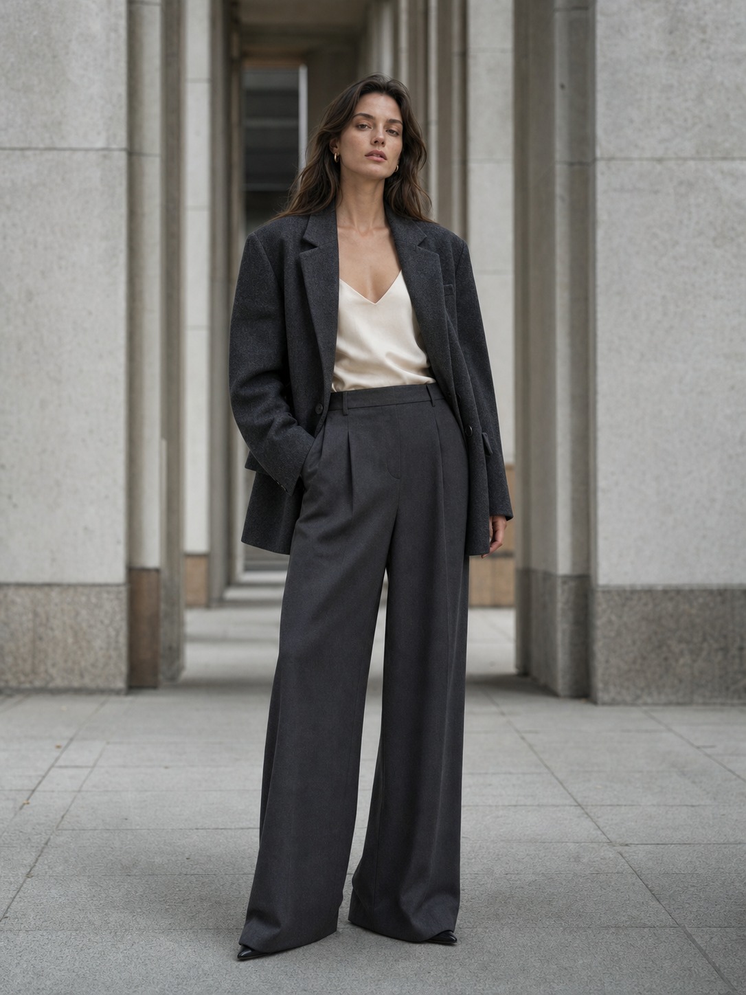 Woman wearing a charcoal tailored suit
